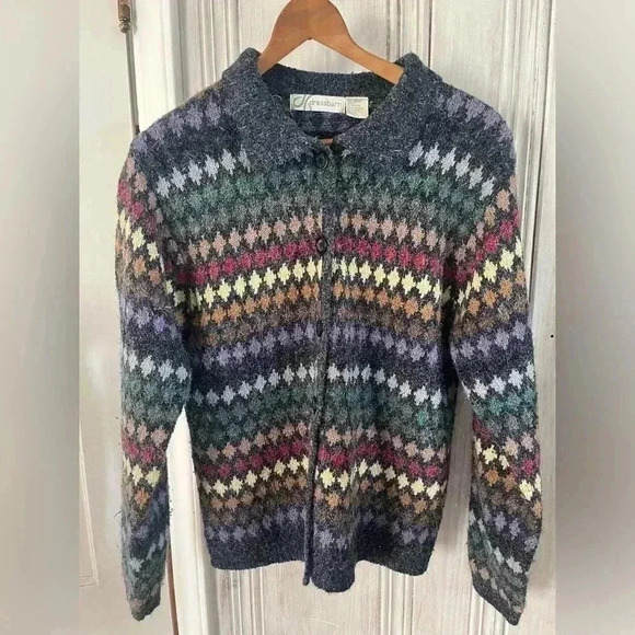 90s Vintage Eclectic Grandpa Coastal Grandma preppy Earthy Fair Isle Cardigan Lg - Picture 1 of 11